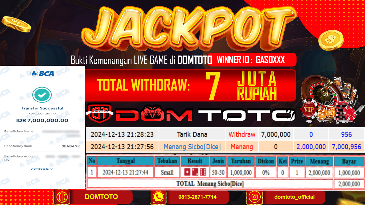 JACKPOT LIVE GAMES SICBO DICE 13 DESEMBER 2024 